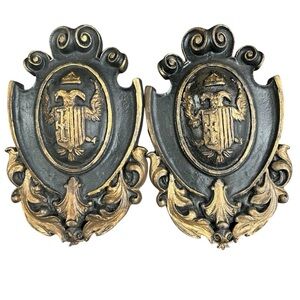 Pair Heraldic Wall Plaques Crown Shield  Resin Composite Gothic Style Vintage